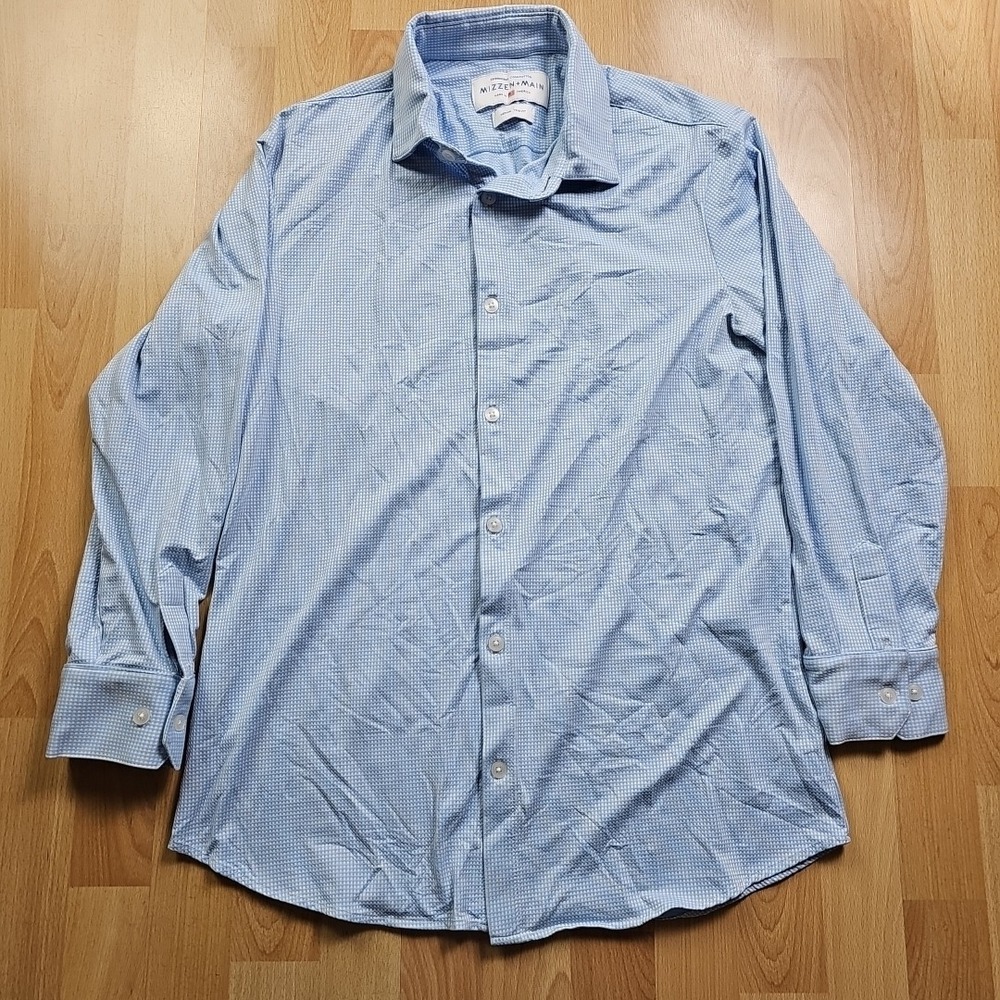 Mizzen Main‎ Shirt Mens Medium Blue Check Spinnaker Trim Fit Stretch Performance